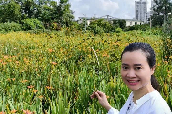 Nguyễn Hoa mặc áo trắng bên cánh đồng hoa trong buổi thực tế vườn dược liệu